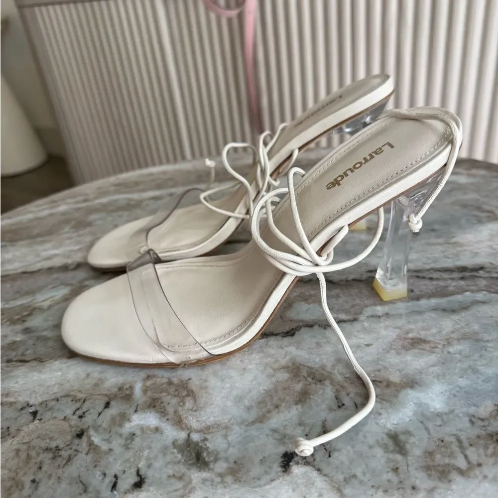 Larroude Gloria Clear Heels Ivory Lace Up Sandals Size 8 Ankle-Tie Sandal